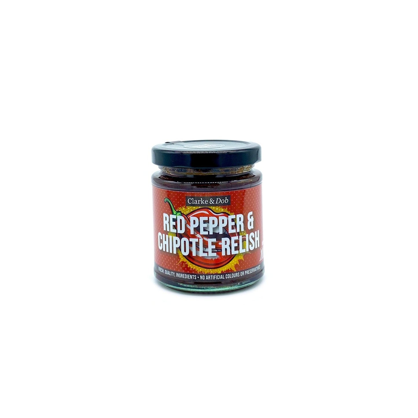 Jar of Red Pepper and chipotle chilli relish in glass jar with a black lid.