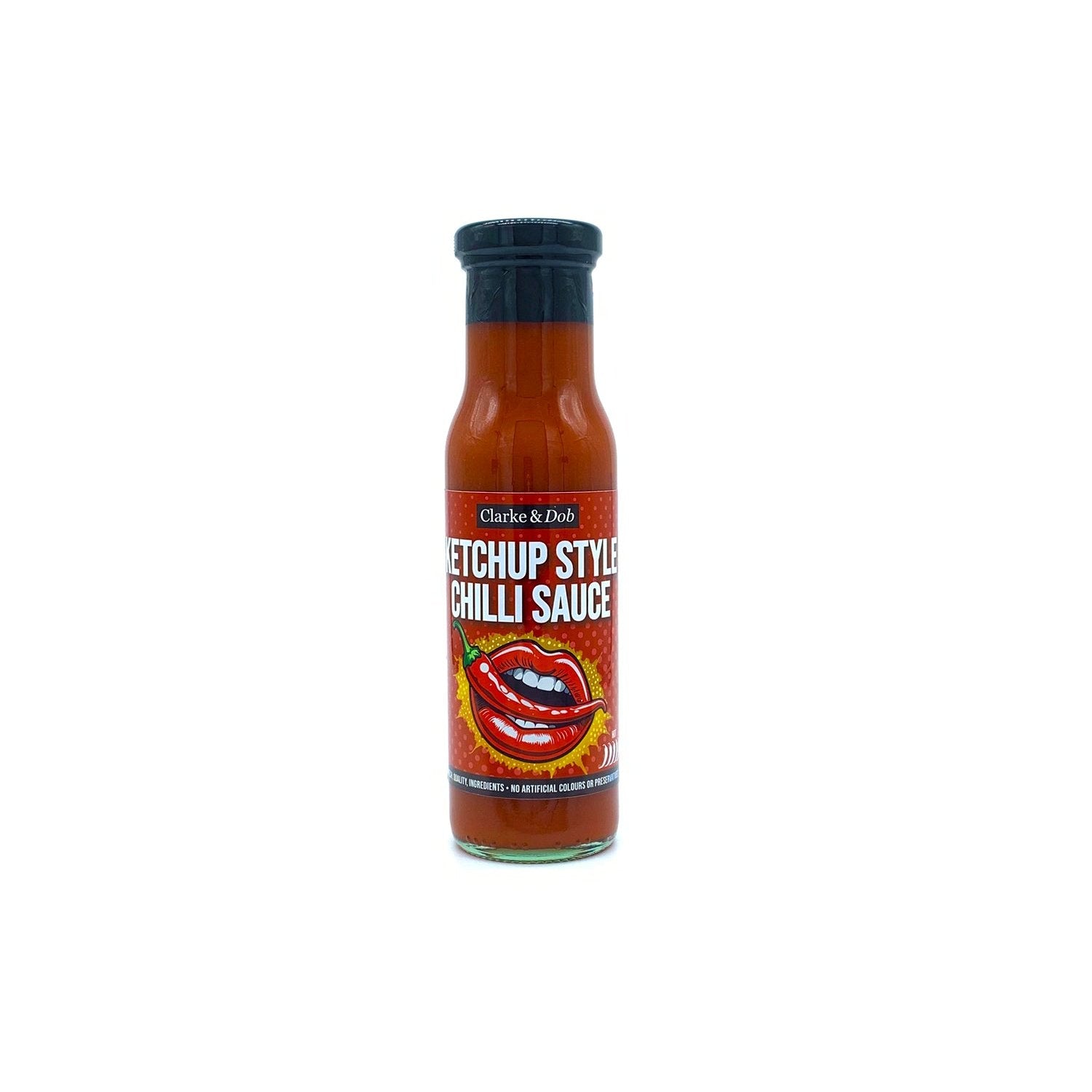 Bottle of ketchup chilli sauce in glass bottle with a black top.