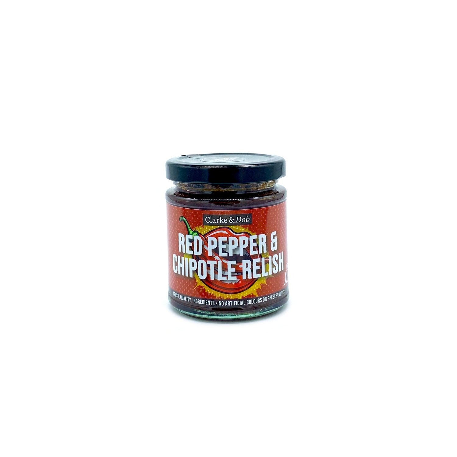 Jar of Red Pepper and chipotle chilli relish in glass jar with a black lid.