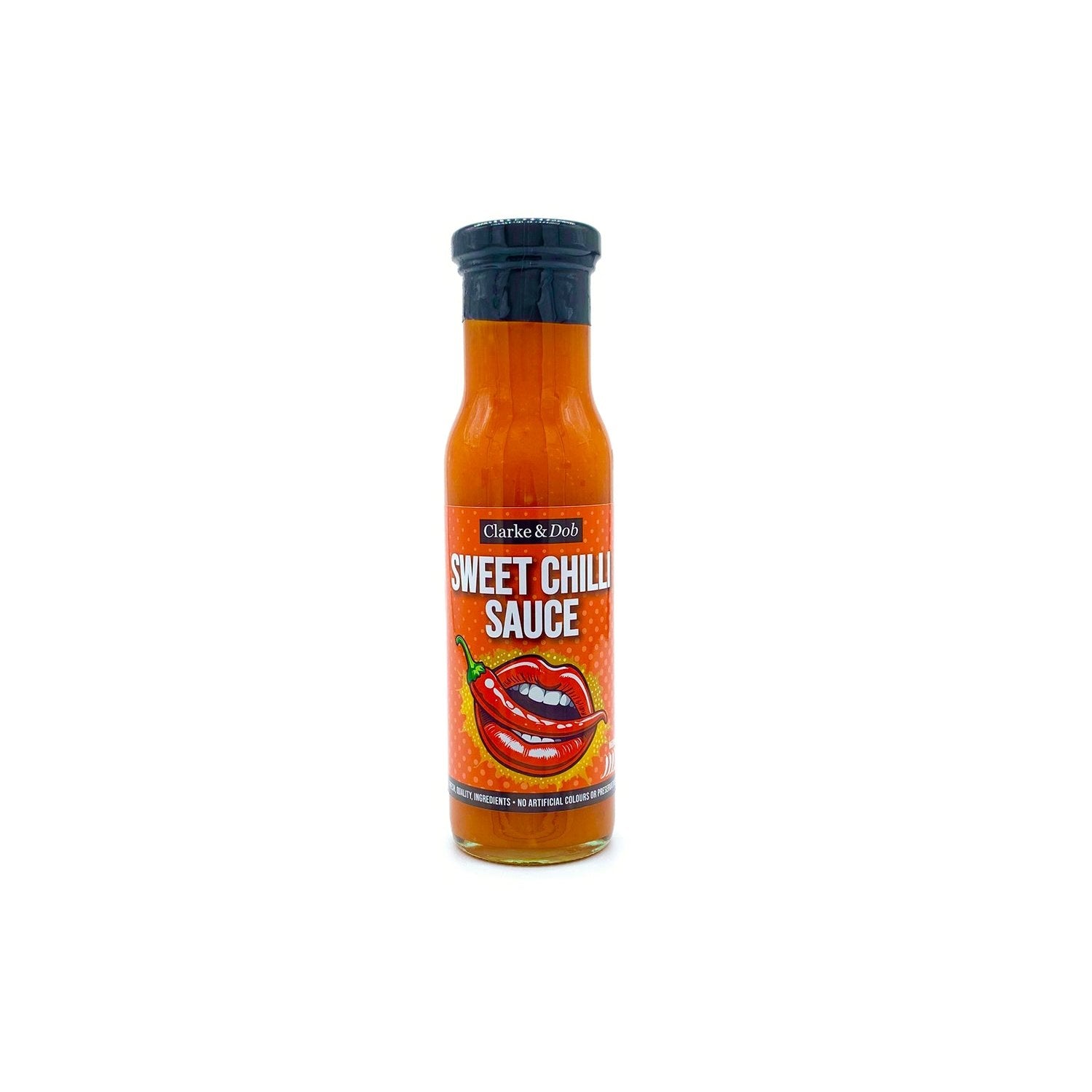 Bottle of sweet chilli sauce in glass bottle with a black top.